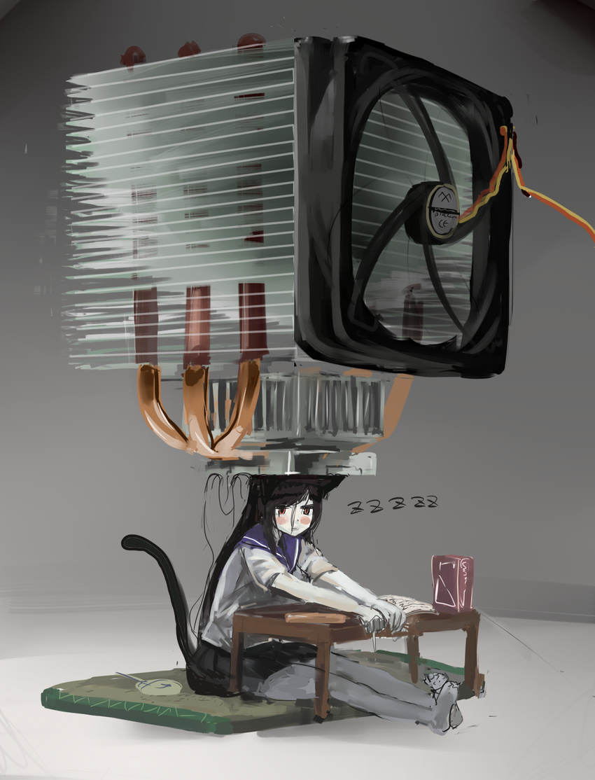 animal_ears animal_tail art black_hair blush cat_ears cat_tail catgirl gradient gradient_background heat_sink school_uniform serafuku solo sweat sweating tail what