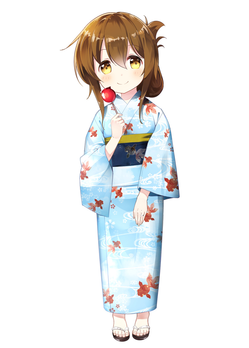 alternate_costume bell_(oppore_coppore) brown_eyes brown_hair candy_apple folded_ponytail food highres inazuma_(kantai_collection) japanese_clothes jewelry kantai_collection kimono long_hair ring smile solo wedding_band yukata