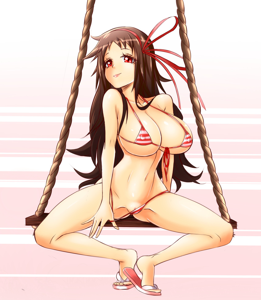 ayame_(senran_kagura) bikini_bottom_pull breasts brown_hair cleavage erect_nipples evil-dei female flip-flops gradient gradient_background large_breasts long_hair micro_bikini navel pussy red_eyes ribbon sandals senran_kagura senran_kagura_(series) sitting smile solo spread_legs striped_background striped_bikini swing uncensored