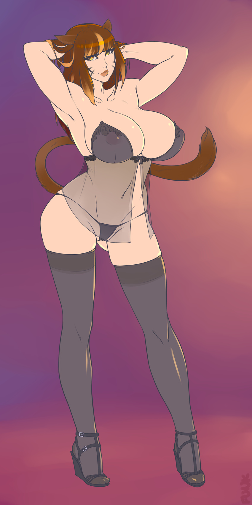 animal_ears ass breasts brown_hair cat_ears cat_tail curvy facial_mark female final_fantasy final_fantasy_xiv gradient gradient_background holding holding_hair large_breasts lingerie lips lipstick live_for_the_funk long_hair looking_at_viewer makeup milf miqo'te miqo'te multicolored_hair nipples panties pinup pumps pussy solo standing tail thighhighs uncensored underwear wide_hips yellow_eyes