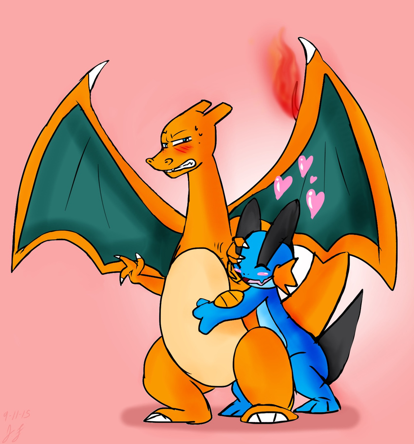 &lt;3 blue_eyes blush charizard claws dragon dragon_wings duo fangs fin fire fire_type flying_type ground_type hug j.f love nintendo pok&eacute;mon pushing rejected rejection smile swampert sweat teeth video_games water_type wings