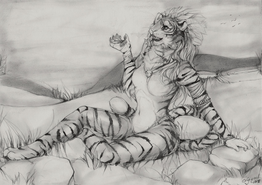 anthro breasts feline female hair lycangel mammal monochrome nude sitting sketch solo tiger wilderness