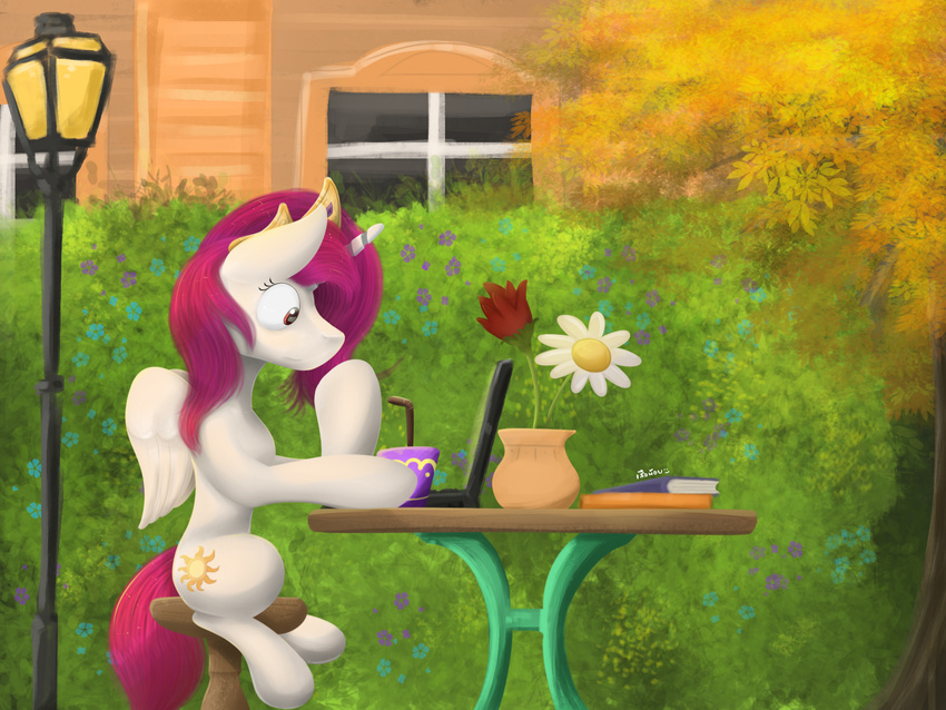 beautiful beverage blackligerth book brony bush colorful computer cub cute cutie_mark day design equine female feral flower food forest friendship_is_magic fur garden grass hair horn horse lamp laptop lighting long_hair mammal my_little_pony outside painting plant princess princess_celestia_(mlp) purple_hair royalty sitting table tree white_fur wide_eyed window young
