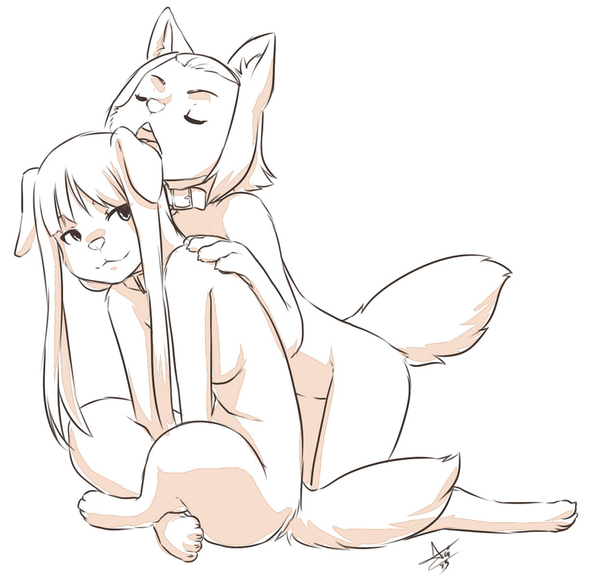 animal_humanoid aogami breasts canine collar dog dog_humanoid eyes_closed female hair human humanoid k-on kneeling licking long_hair mammal monochrome nude open_mouth side_boob sitting tongue tongue_out transformation young