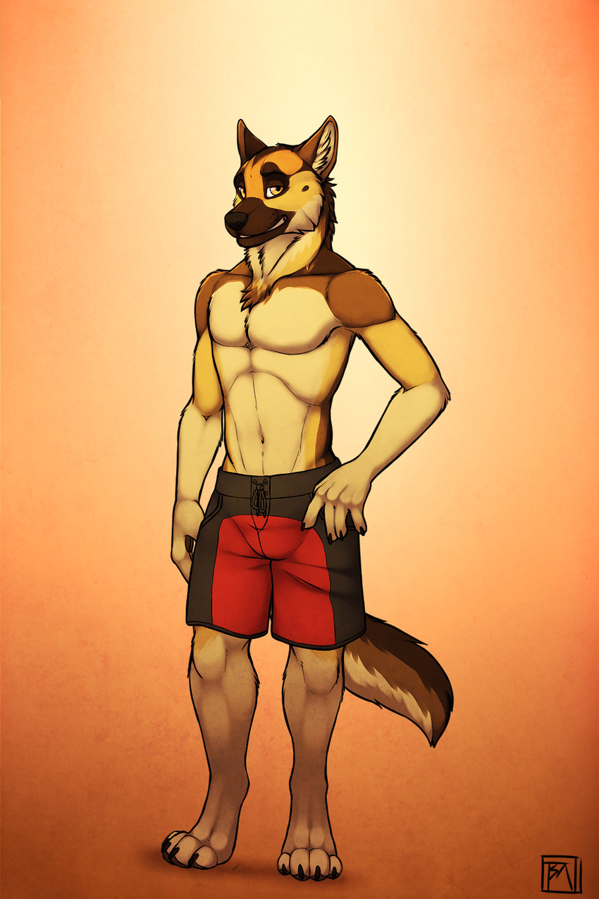 abs anthro canine chest_tuft clothed clothing dog fur german_shepherd half-dressed male mammal pecs solo spudz topless tsaiwolf tuft