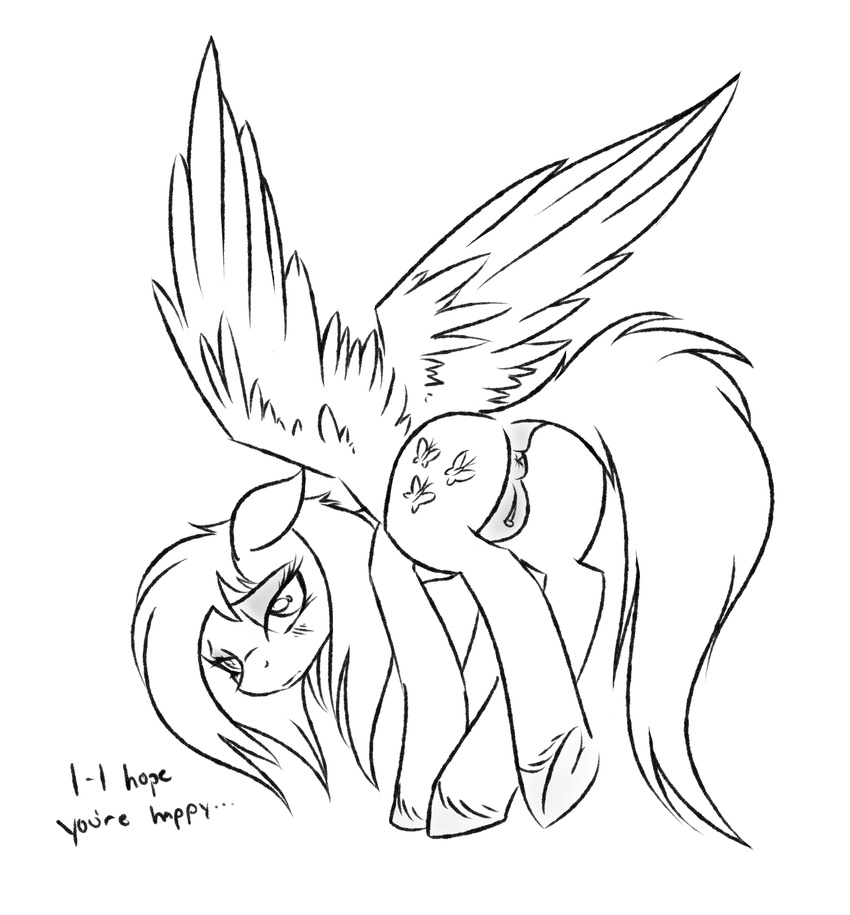 2015 anus black_and_white butt cutie_mark english_text equine female feral fluttershy_(mlp) friendship_is_magic hair looking_back mammal monochrome my_little_pony pegasus pussy sad simple_background sketch solo strachinthesack text white_background wings