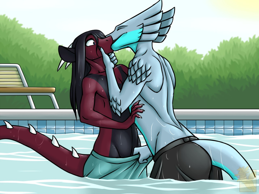 2015 abyssal abyssaldemon anthro black_hair black_scales blue_eyes blue_scales bush chair clothed clothing cupping_chin dragon drayk drayk_dagger duo eyes_closed grey_scales hair half-dressed hand_on_face happy horn kissing long_hair male male/male multicolored_scales nateday outside partially_submerged red_scales scales scalie sharp_claws shocked sky smile spikes standing surprise swimming_pool topless two_tone_scales water watermark wet white_sclera wide_eyed