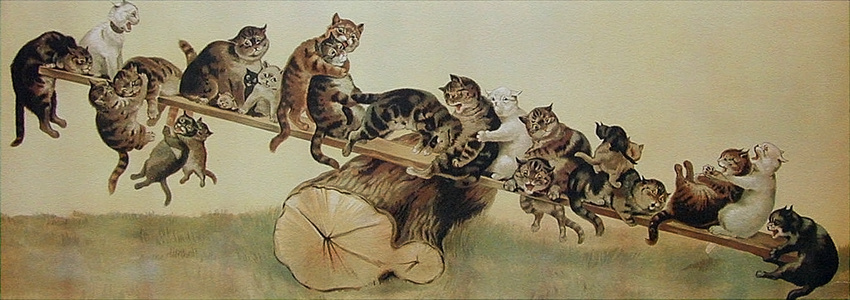 age_difference black_fur board brown_fur cat compression_artifacts cub digitigrade ears_back ears_down feline feral fur grabbing grass grey_fur group hanging headbutt holding_on leaning license_info log louis_wain low_res mammal neck_grab on_top open_mouth outside painting_(artwork) public_domain quadruped reclining scared seesaw sitting size_difference tail_grab torso_grab traditional_media_(artwork) white_fur wood worried young