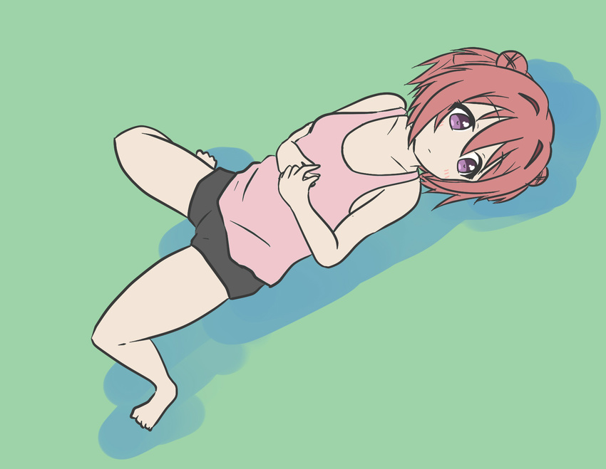 1girl akaza_akari bangs black_shorts collarbone flat_color green_background hair_between_eyes hair_bun legs_up lying monochrome monocrhome noe purple_eyes red_hair shadow short_shorts shorts simple_background sleeveless small_breasts solo tank_top yuru_yuri