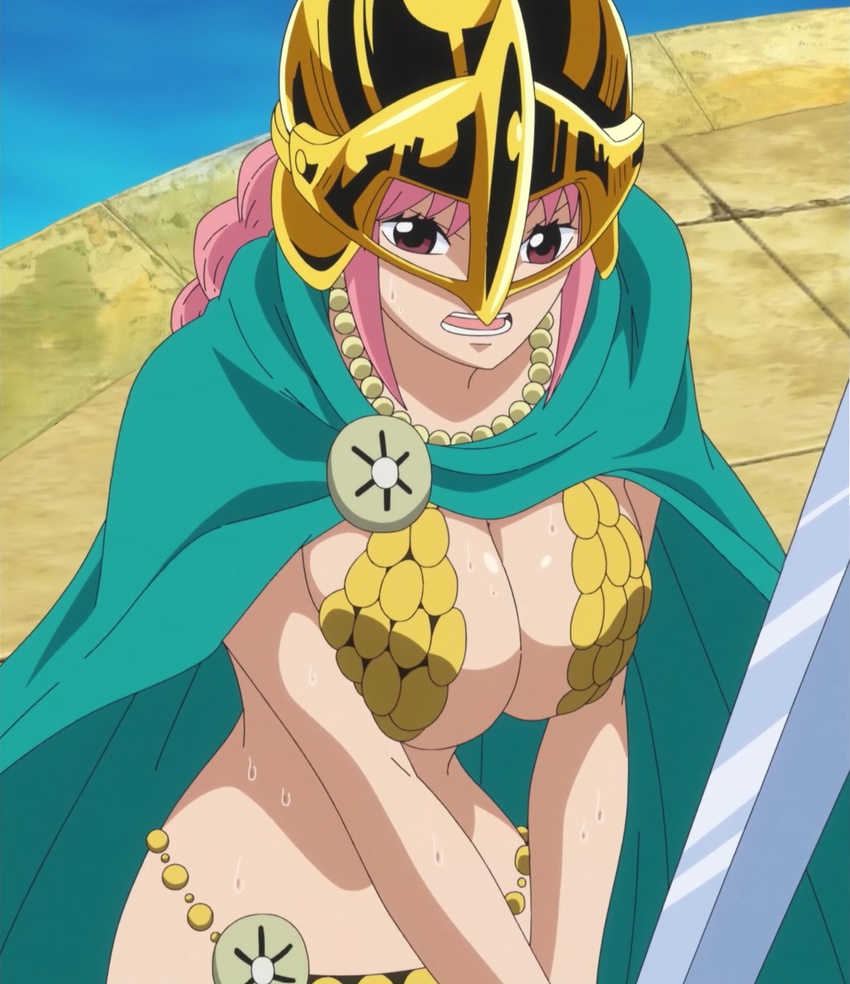 1girl armor bare_legs bikini_armor breasts dressrosa female gladiator large_breasts long_hair one_piece pink_hair rebecca_(one_piece) screencap solo sweat sword weapon