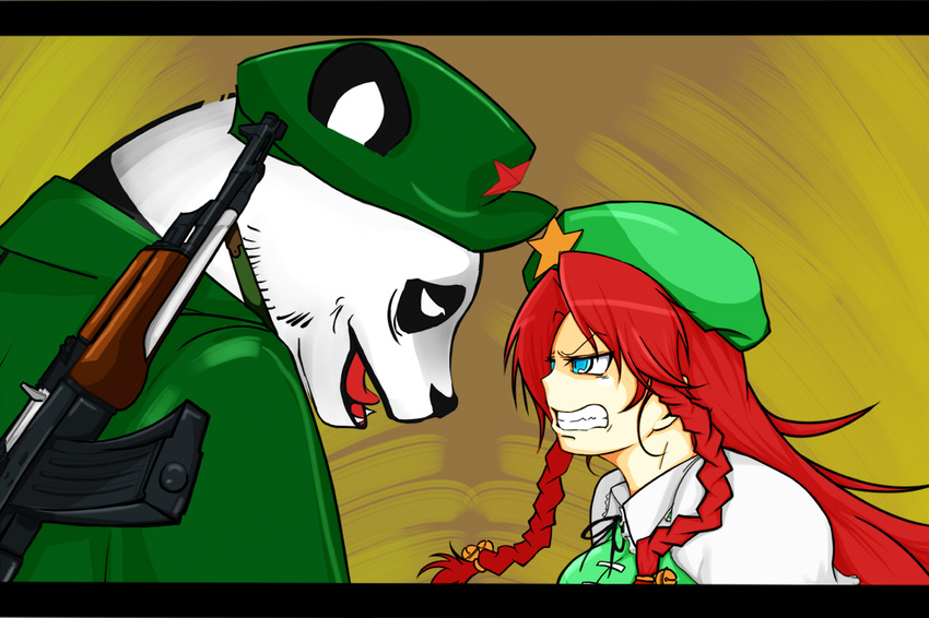 ak-47 angry assault_rifle bared_teeth braid cat_shit_one chinese_clothes clenched_teeth commentary_request cube85 gun hat hong_meiling long_hair panda red_hair rifle scowl teeth touhou twin_braids weapon