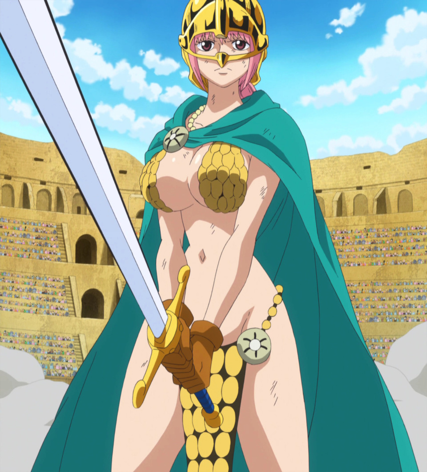 1girl armor bikini_armor dressrosa female gladiator helmet long_hair one_piece pink_hair rebecca_(one_piece) screencap sky