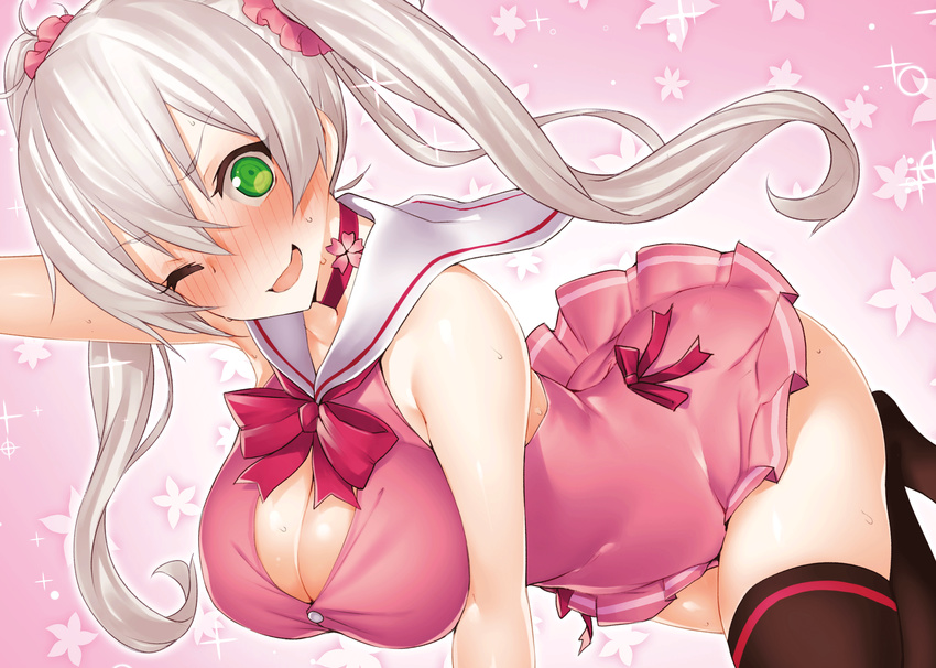 ;d arm_up bare_shoulders black_legwear blush breasts bursting_breasts choker cleavage covered_navel dress dutch_angle embarrassed green_eyes hair_between_eyes highres inayama kachikomi_bride! kurogane_nanano large_breasts leg_up nose_blush novel_illustration official_art one_eye_closed open_mouth sailor_collar sailor_dress scrunchie shirt short_dress silver_hair skindentation smile solo sweat tareme taut_clothes taut_shirt thighhighs twintails wavy_mouth