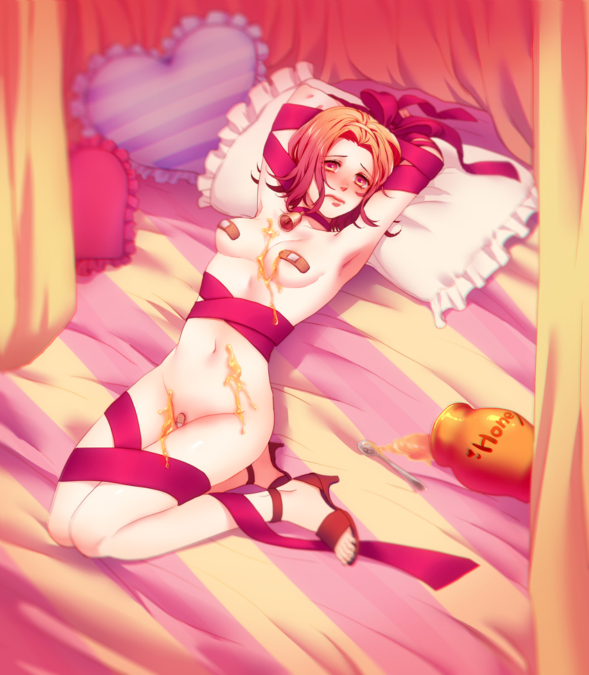 bad_id bad_pixiv_id bandaid bandaid_on_pussy bandaids_on_nipples bdsm bed bell blurry blush bondage bound breasts brown_hair collar curtains depth_of_field frilled_pillow frills hairband heart heart_pillow high_heels highres honey honeypot jojo_no_kimyou_na_bouken nervous nude pasties pillow pot red_eyes ribbon rin2010 sandals sexually_suggestive short_hair small_breasts solo spill spoon sugimoto_reimi