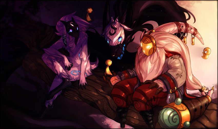 1girl 2015 absurd_res anthro bard_(character) bard_(league_of_legends) branch canine caprine clothing dark_background female fireflufferz forest glowing glowing_eyes group hair hi_res horn humanoid kindred kindred_(character) lamb_(league_of_legends) league_of_legends log long_hair male mammal mask meeps monster monster_boy monster_girl sheep simple_background sitting tree video_games white_hair wolf wolf_(league_of_legends)