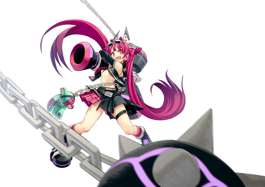ball_and_chain belt chain cosmic_break detached_sleeves eyepatch fang flail goggles goggles_on_head hair_ornament hammer highres kendama leg_belt long_hair looking_at_viewer mercurio navel necktie official_art open_mouth pink_eyes pink_hair plaid plaid_skirt pleated_skirt pointy_ears simple_background skirt solo spiked_mace spikes stuffed_animal stuffed_toy teddy_bear thigh_strap twintails wakaba weapon white_background