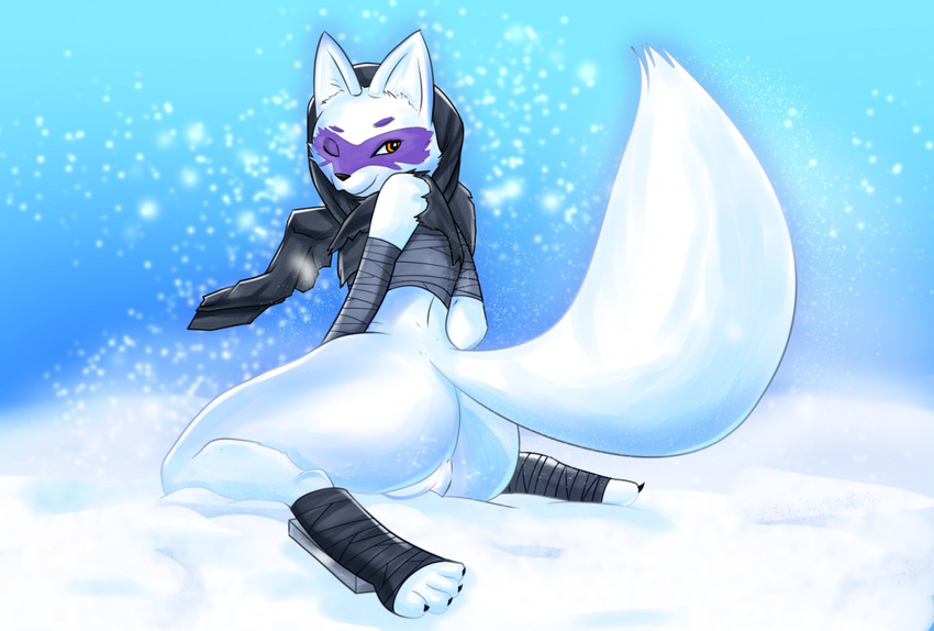 2015 4_toes alopex anthro arctic_fox black_nose canine clothing damnlasso female fox fur looking_back mammal pussy snow teenage_mutant_ninja_turtles toes white_fur