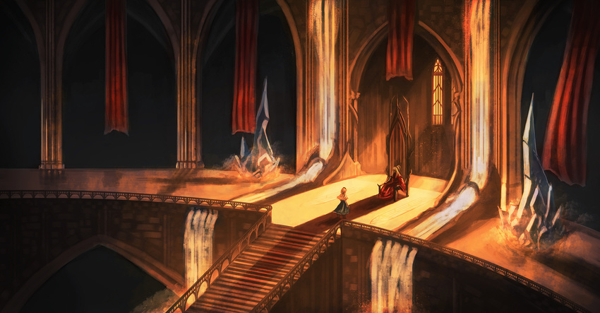 alice_margatroid aqueduct architecture arms_at_sides backlighting blonde_hair blue_dress boots capelet commentary crystal curtains dress faceless highres indoors long_hair long_sleeves looking_at_another multiple_girls red_dress scenery shadow shinki short_hair side_ponytail sitting smile stairs standing sunset throne throne_room touhou touhou_(pc-98) water wide_sleeves window zarisu