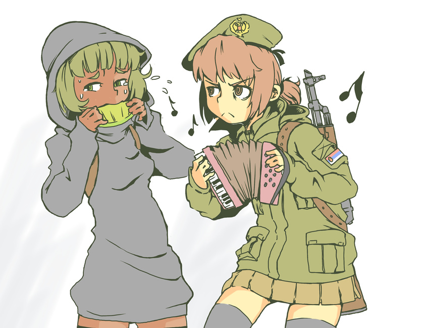 :&lt; accordion ak-47 akm assault_rifle beamed_eighth_notes beret christ-chan commentary eighth_note english_commentary flying_sweatdrops food frown fruit gun harmonica hat instrument isis-chan isis_(terrorist_group) jarv melon meme military military_uniform multiple_girls music musical_note parody playing_instrument rifle serbia serbia_strong serbian_flag squeezebox standing sweatdrop tears thighhighs uniform weapon zettai_ryouiki