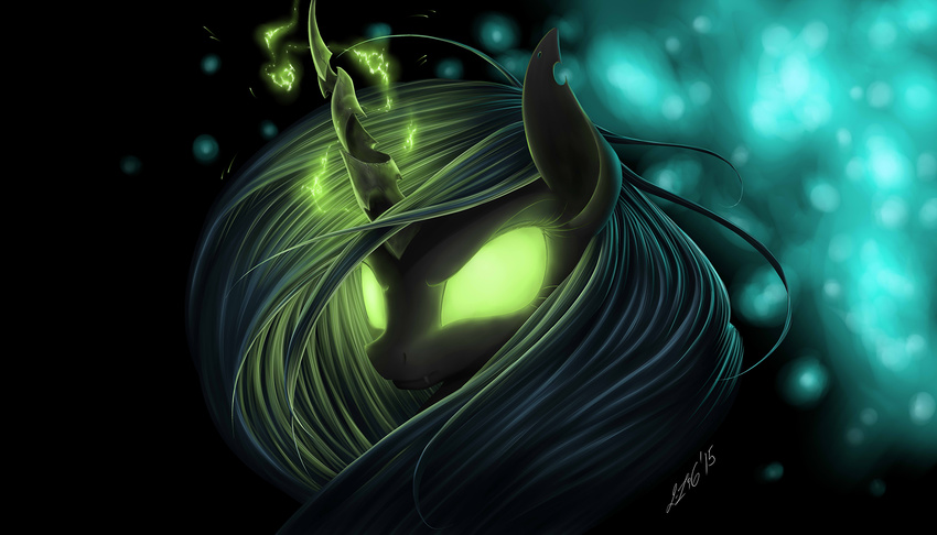 2015 changeling fangs female friendship_is_magic glowing glowing_eyes green_eyes magic my_little_pony portrait queen_chrysalis_(mlp) solo sparks zigword