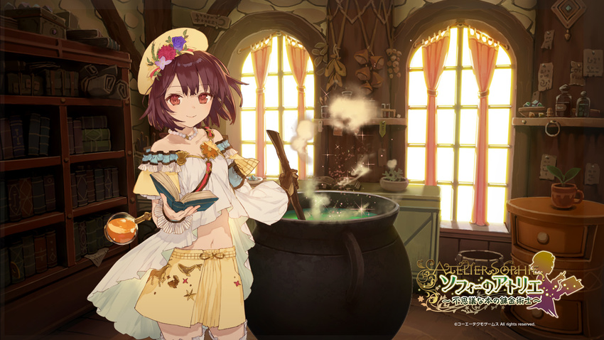 atelier_(series) atelier_sophie bangs book bookshelf bottle box brown_eyes brown_hair cauldron chest_of_drawers copyright_name cowboy_shot culottes cup curtains dress flask flower game_cg gloves hair_flower hair_ornament hat highres holding holding_book indoors jewelry logo long_sleeves looking_at_viewer midriff miniskirt navel necklace noco_(adamas) official_art open_book pearl_necklace plant potted_plant purple_flower purple_rose rose scroll short_hair single_glove skirt smile solo sophie_neuenmuller sparkle steam stirring stone_wall strapless strapless_dress wall watermark white_dress window wrist_cuffs yellow_skirt