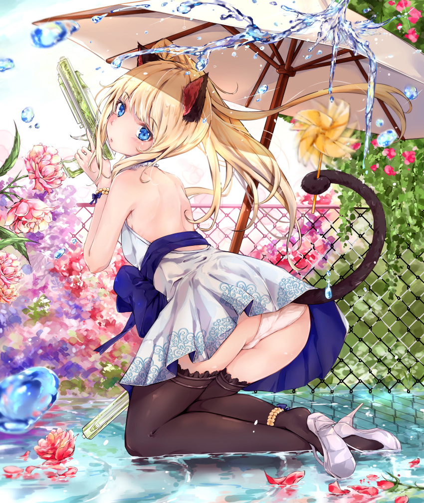 1girl absurdres animal_ears anklet ass backless_dress backless_outfit bare_shoulders bead_bracelet beads black_legwear blade_&amp;_soul blue_bow blue_choker blue_eyes bow bracelet cat_tail chain-link_fence choker commission crossed_ankles day dress fence flower gun high_heels highres hmw_(pixiv7054584) holding holding_gun holding_pinwheel holding_weapon jewelry kneeling_on_water long_hair outdoors pants petals pinwheel pumps reflection shoes side_ponytail stiletto_heels tail tail_hold thighhighs umbrella very_long_hair water weapon white_dress white_footwear white_pants white_sky white_umbrella