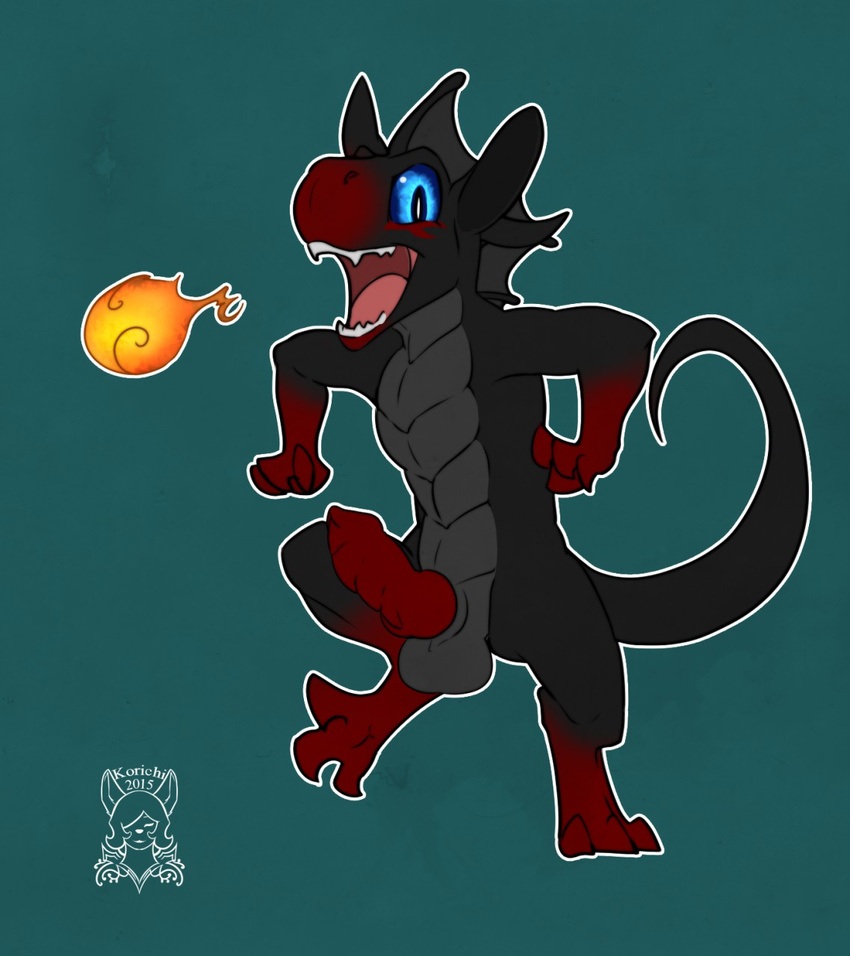 2015 balls barefoot crest digital_media_(artwork) digitigrade erection fire fire_breathing knot kobold korichi looking_at_viewer male nude open_mouth penis scalie sheath signature smile solo strutting unusual_penis