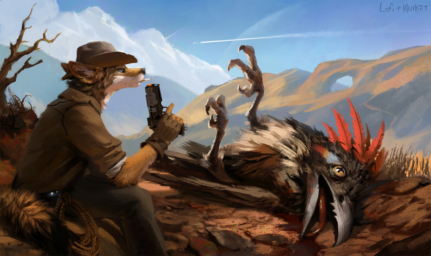 2015 anthro avian beak bird black_feathers blood blue_eyes blue_feathers brown_feathers brown_fur canine cigarette clothing cloud cowboy_hat coyote death desert feathers feral fur gloves gun handgun hat hax_(artist) jacket male mammal open_mouth pants pistol ranged_weapon red_feathers roadrunner scenery shirt side_view sky smoking solo talons tongue tongue_out weapon whip white_fur x_x yellow_feathers