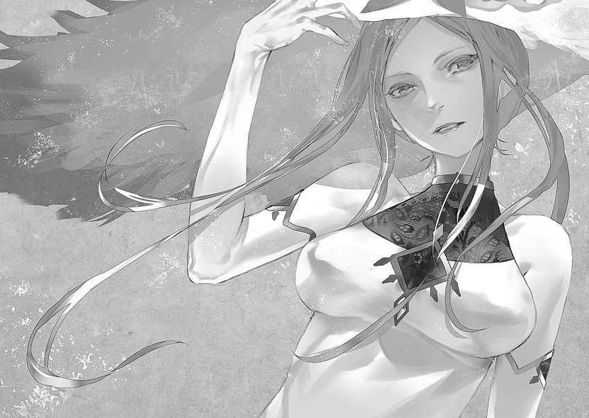 android breasts breasts_apart elbow_gloves gloves greyscale hadaly_lilith_(shisha_no_teikoku) hat highres long_hair looking_at_viewer medium_breasts monochrome parted_lips redjuice shisha_no_teikoku smile solo