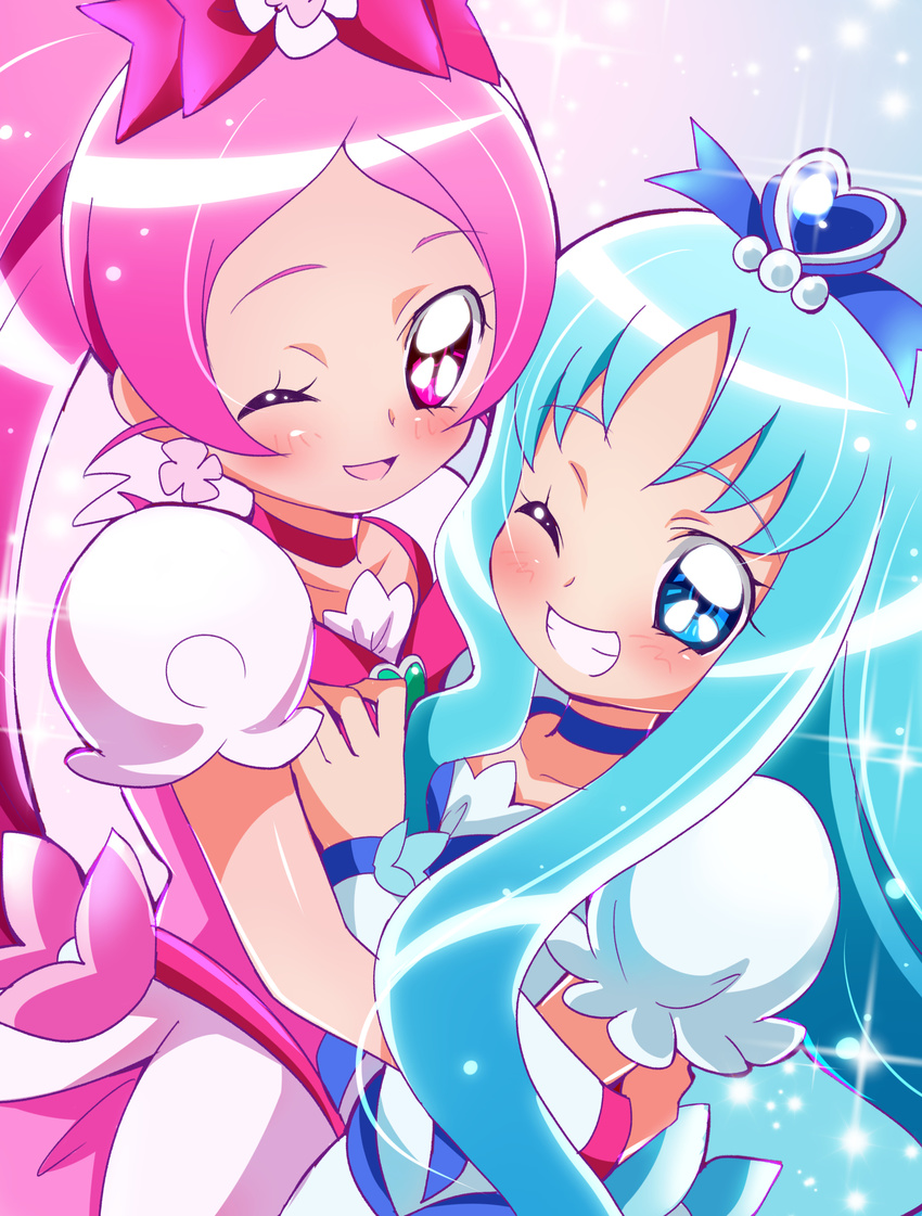 absurdres bad_id bad_pixiv_id blue_choker blue_eyes blue_hair blush bow choker cowboy_shot cure_blossom cure_marine earrings flower_earrings grin hair_bow hanasaki_tsubomi heartcatch_precure! highres jewelry kurumi_erika long_hair magical_girl multiple_girls one_eye_closed pink_bow pink_choker pink_eyes pink_hair ponytail precure puffy_sleeves sharumon skirt smile sparkle