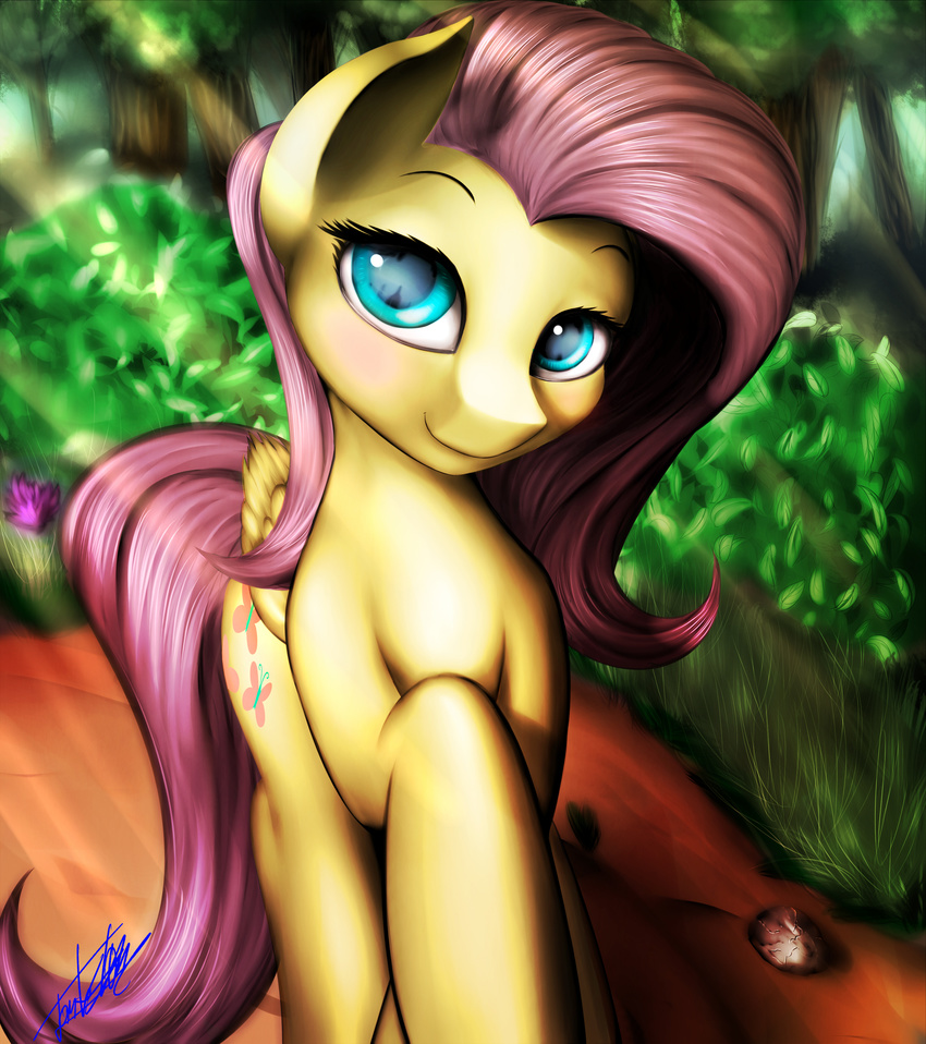 2015 absurd_res cutie_mark elzzombie equine feathered_wings feathers female feral fluttershy_(mlp) friendship_is_magic grass hair hi_res long_hair looking_at_viewer mammal my_little_pony outside pegasus pink_hair smile solo tree wings