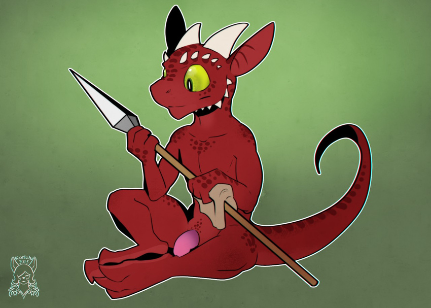 barefoot brunalli cleaning digital_media_(artwork) feet_together flaccid holding_weapon horn kobold korichi male melee_weapon nude penis polearm scalie signature sitting spear spines weapon