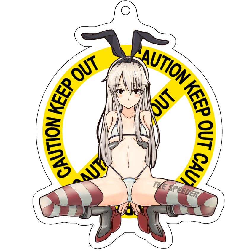 arms_behind_back bikini black_eyes blonde_hair breasts cameltoe caution collarbone crotch full_body groin kantai_collection koppepan800 long_hair looking_at_viewer medium_breasts micro_bikini navel shimakaze_(kantai_collection) simple_background solo spread_legs squatting striped striped_legwear swimsuit thighhighs white_background white_bikini