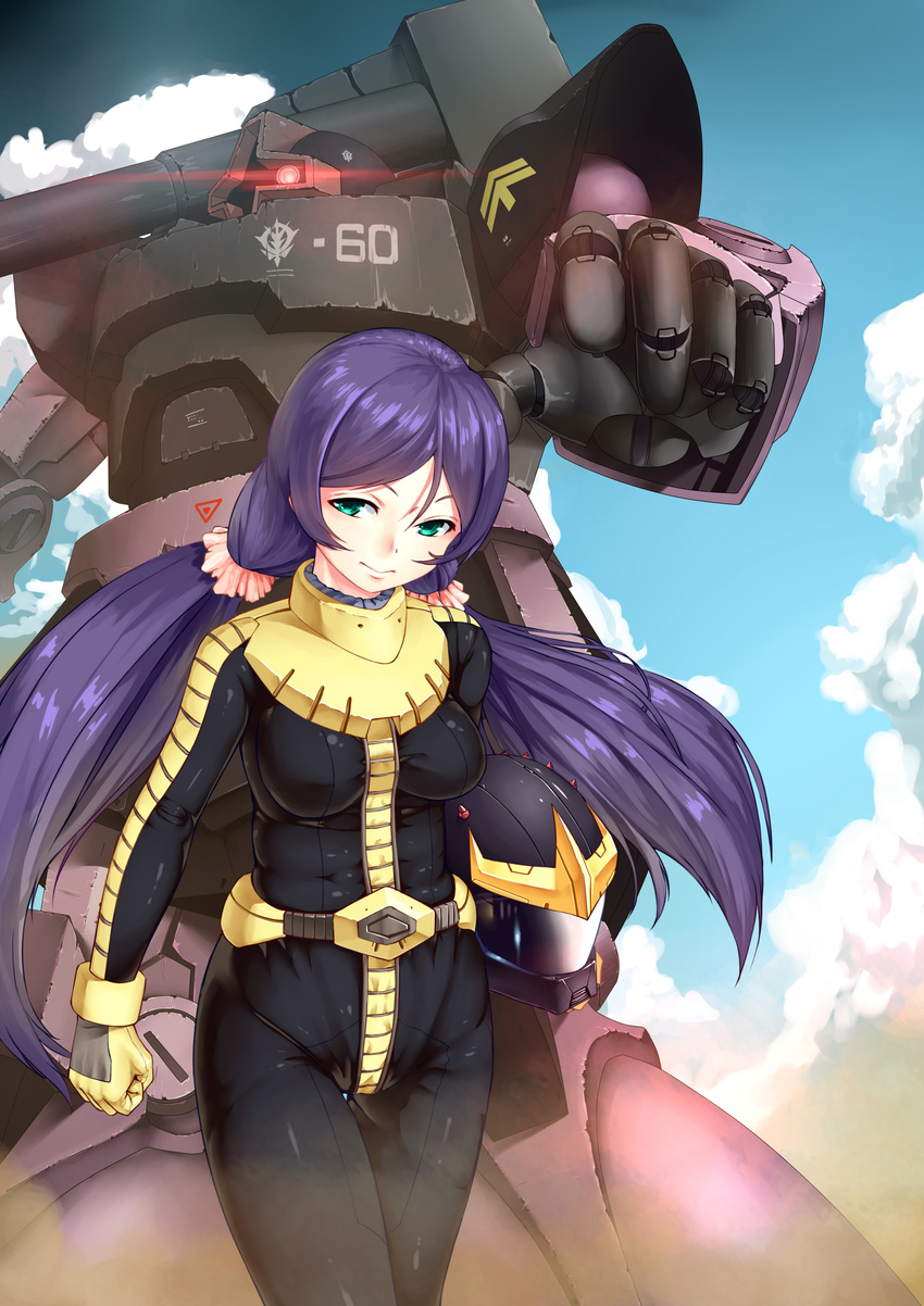 absurdres bad_id bad_pixiv_id black_tri-stars breasts cloud company_connection cru day dom green_eyes gundam headwear_removed helmet helmet_removed highres long_hair love_live! love_live!_school_idol_project medium_breasts mobile_suit_gundam purple_hair sunrise_(company) toujou_nozomi twintails