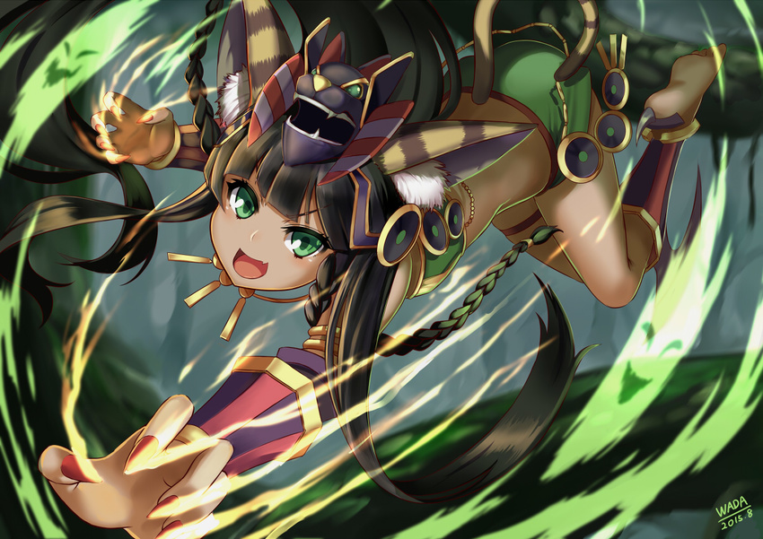 animal_ears anklet bad_feet bad_id bad_pixiv_id bangs barefoot bastet_(p&amp;d) black_hair blunt_bangs cat_ears cat_tail commentary_request dark_skin egyptian error fang green_eyes jewelry long_hair open_mouth puzzle_&amp;_dragons skirt smile solo tail zeroshiki_kouichi