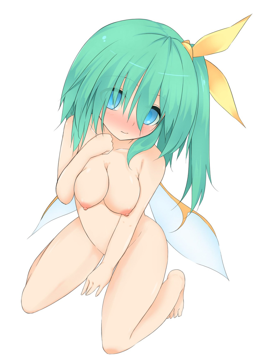 bad_id bad_nijie_id blue_eyes blush breasts daiyousei denpaken_pochi fairy_wings green_hair highres looking_at_viewer medium_breasts nipples nude simple_background solo touhou white_background wings