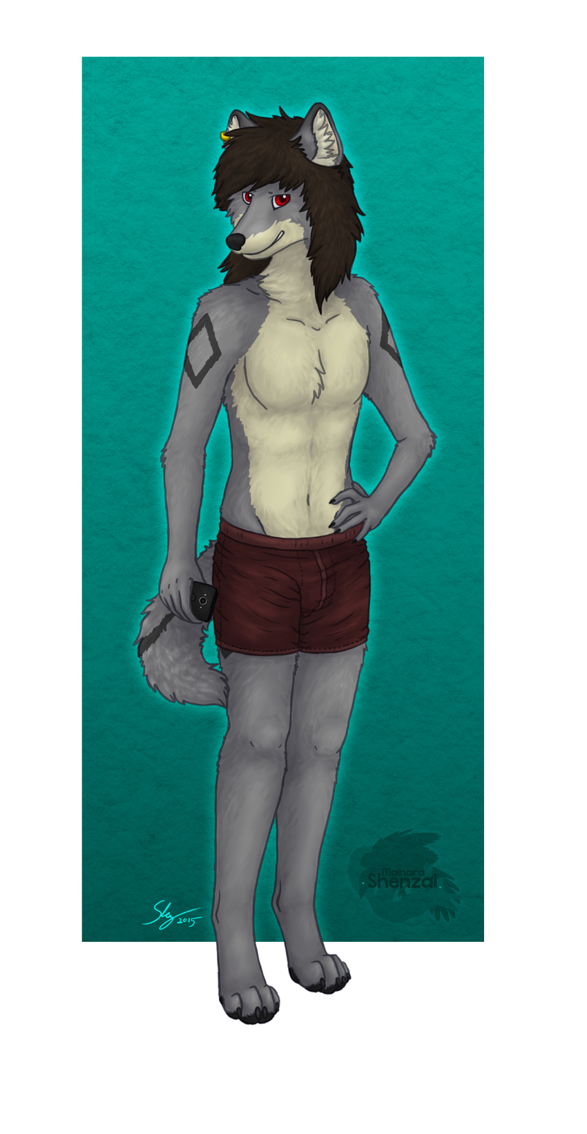 2015 boxers_(clothing) bulge canine cellphone claws clothed clothing digitigrade ear_piercing fur grey_fur hair half-dressed hand_on_hip looking_at_viewer mainarashenzai male mammal markings phone piercing red_eyes skinny smile standing topless underwear wolf