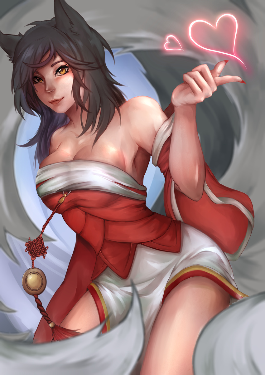 &lt;3 ahri animal_humanoid black_hair canine cleavage clothed clothing female fox fox_humanoid hair heikky hi_res human humanoid hybrid league_of_legends long_hair looking_at_viewer mammal multiple_tails smile solo video_games yellow_eyes