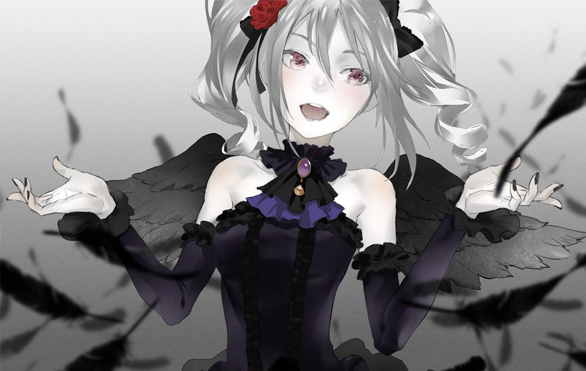 :d bare_shoulders black_feathers black_nails black_wings bow detached_sleeves drill_hair feathered_wings gradient gradient_background hair_bow idolmaster idolmaster_cinderella_girls kanzaki_ranko nail_polish open_mouth pale_skin purple_eyes redjuice silver_hair smile solo teeth twin_drills twintails wings