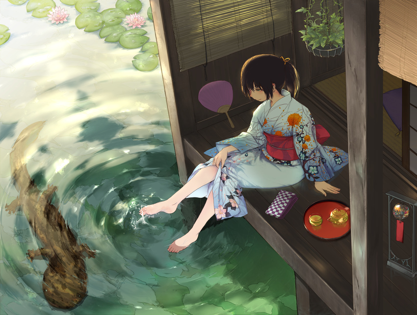 barefoot black_hair clothes_lift fan giant_salamander green_eyes green_tea hair_ribbon highres japanese_clothes kimono kimono_lift lily_pad looking_down obi original ponytail ribbon ripples sash sitting smile soaking_feet solo tea teapot water wind_chime ymr yukata yukata_lift