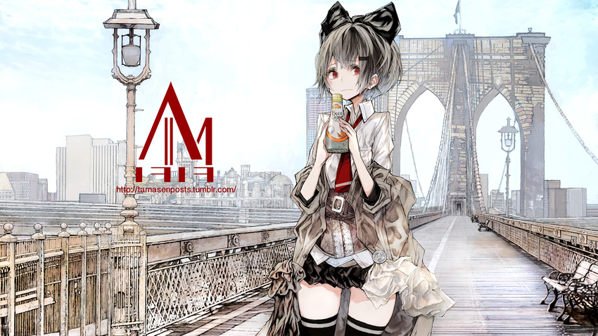 akiyama_tama artist_name bad_id bad_pixiv_id bangs belt bench black_bow black_legwear black_skirt blush bottle bow bridge brooklyn_bridge buckle city coat collared_shirt corset flag grey_hair hair_bow hair_ornament hairclip highres holding holding_bottle lamppost light_frown looking_away looking_to_the_side miniskirt necktie new_york off_shoulder open_clothes open_coat original outdoors park_bench photo-referenced real_world_location red_eyes red_neckwear scenery shirt short_hair skirt skyline sleeves_pushed_up solo standing thighhighs watermark web_address white_shirt zettai_ryouiki