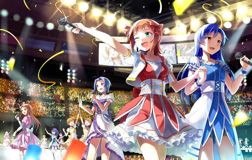 amami_haruka aqua_eyes blue_dress blue_eyes blue_hair brown_hair cropped_jacket crowd dress emerane futami_ami futami_mami ganaha_hibiki hagiwara_yukiho holding_hands idolmaster idolmaster_(classic) interlocked_fingers kikuchi_makoto kisaragi_chihaya layered_dress microphone minase_iori miura_azusa multiple_girls one_eye_closed open_mouth outstretched_arm pink_dress pink_hair ponytail purple_hair red_dress shijou_takane side_ponytail smile stage stage_lights