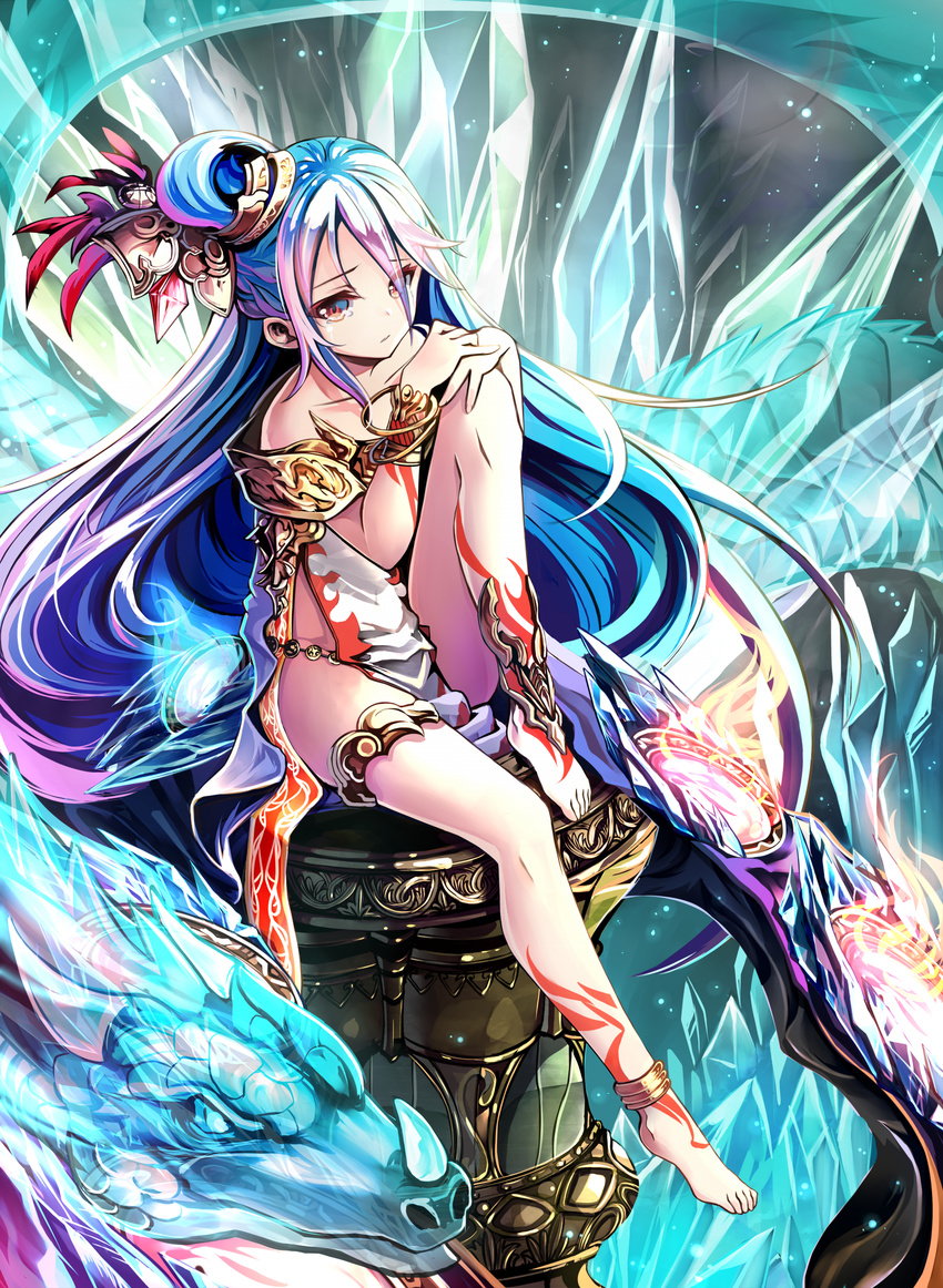 anklet bare_shoulders barefoot blue_hair bracelet crying dragon hair_bun hair_ornament highres ice jewelry leg_tattoo long_hair multicolored_hair no_panties original pelvic_curtain purple_hair red_eyes sho_(runatic_moon) side_slit sitting solo tattoo tears thighlet very_long_hair