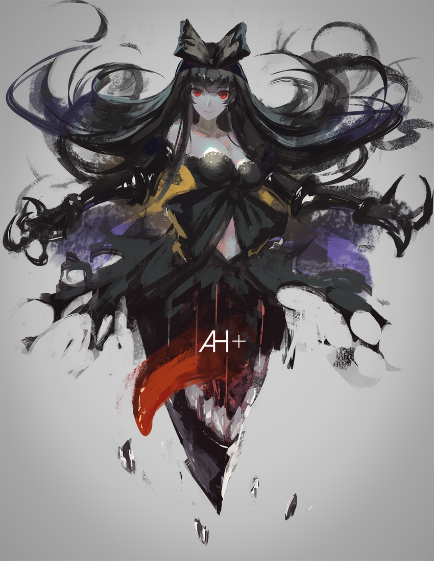 bangs bare_shoulders black_bow black_hair blunt_bangs bow claws full_body gradient gradient_background grey_background hair_bow highres hkj0230 kantai_collection long_hair looking_at_viewer md5_mismatch red_eyes seaplane_tender_hime shinkaisei-kan smile solo text_focus tongue