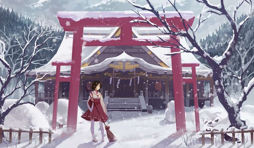 :o baisi_shaonian bare_tree broom brown_hair forest highres horns japanese_clothes looking_at_viewer miko nature original purple_eyes rope sandals scenery shide shimenawa shinto short_hair shrine snow solo thighhighs torii tree white_legwear