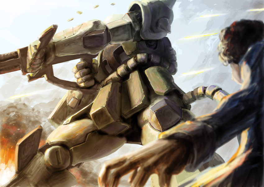 1boy amuro_ray fire firing gun gundam highres mecha mobile_suit_gundam simonori smoke weapon zaku zaku_ii