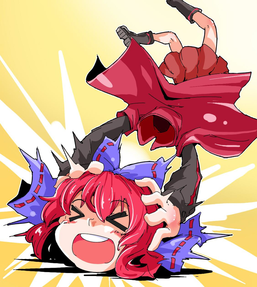 &gt;_&lt; bow cape closed_eyes disembodied_head hair_bow highres long_sleeves open_mouth red_hair sekibanki shinapuu short_hair skirt smile solo touhou