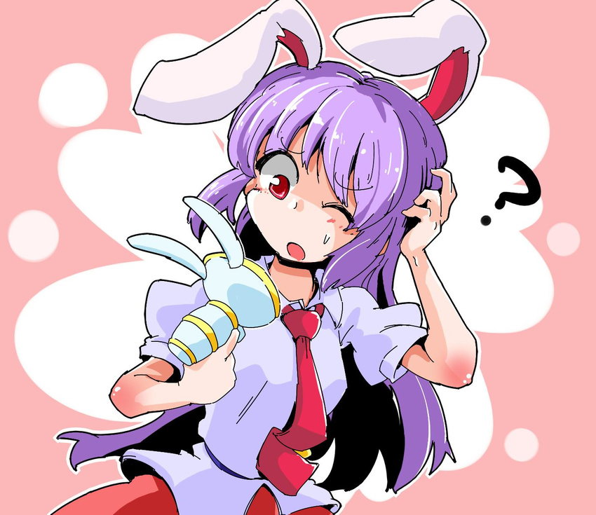 ? animal_ears bunny_ears confused extra_ears gun highres long_hair lunatic_gun necktie one_eye_closed open_mouth purple_hair red_eyes reisen_udongein_inaba shinapuu skirt solo touhou weapon