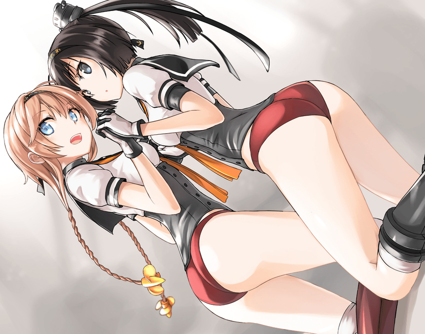 akizuki_(kantai_collection) ass black_eyes black_hair blue_eyes blush braid brown_hair clothes_writing corset hair_ornament hairband headband interlocked_fingers kantai_collection kneehighs kneeling long_hair multiple_girls neckerchief open_mouth panties ponytail red_panties school_uniform serafuku tea_(nakenashi) teruzuki_(kantai_collection) twin_braids underwear