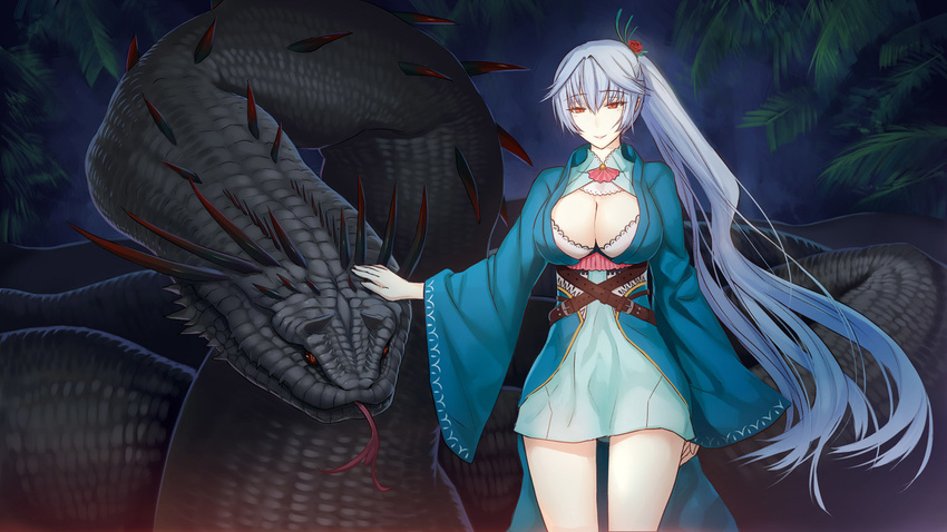 belt breasts cleavage dress flower forest hair_flower hair_ornament large_breasts long_hair long_sleeves looking_at_viewer miniskirt nature original petting ponytail red_eyes short_dress silver_hair skirt sleeves_past_wrists smile snake solo very_long_hair wide_sleeves zhen_lu